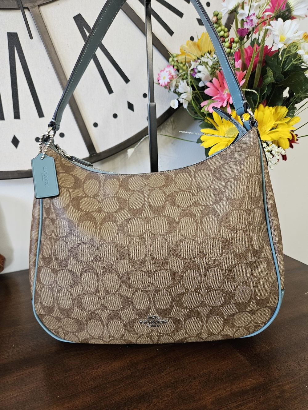 Coach Brown Signature Canvas Shoulder Bag with Light Blue Trim